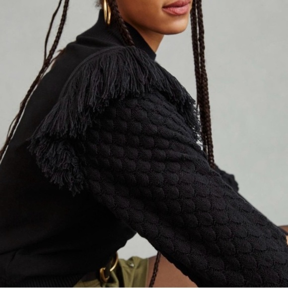 Anthropologie Dolan Boho Fringed Knit Sweater Mock Neck Puff Sleeves Black XXS - Picture 3 of 16
